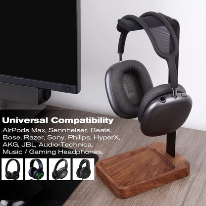 PHERKORM Walnut Wood & Aluminum Headset Holder, Desktop Headphone Stand, Universal headphone holder for most music gaming headsets - Black Walnut