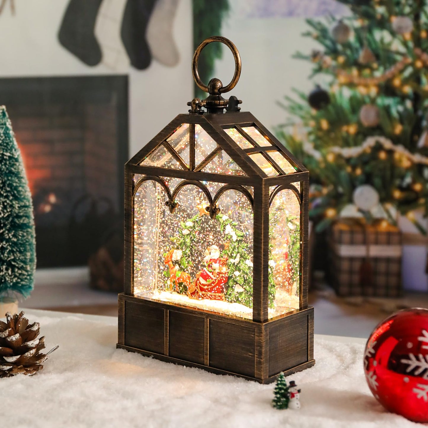 Christmas Snow Globes Musical Lantern Snow Globe Santa Clause Reindeer Sleigh Water Snow Globe Glittering Portable Hanging Tabletop Decorative Lantern Christmas Home Décor