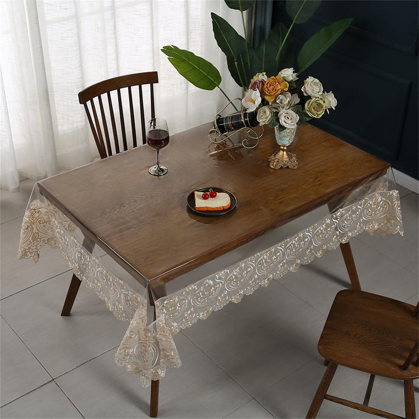 Clear Plastic Rectangle Tablecloth Vinyl Waterproof Table Cloth Embroidered Lace Edge Transparent Table Cover for Dining Kitchen Outdoor(60 x 86 inch, Coffee Style 1)