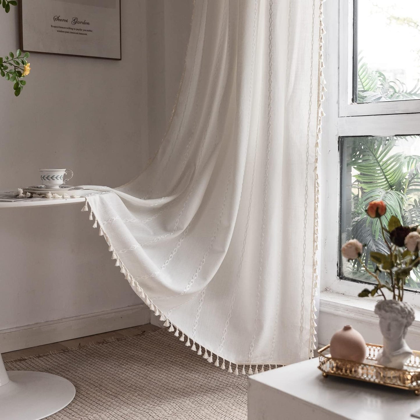 BCLBUSTE Boho Curtains Semi-Blackout 84 Inch 2 Panels for Living Room, Linen Tassels Farmhouse Curtains with Embroidery for Bedroom Rod Pocket Draperies 52" W x 84" L, Off White