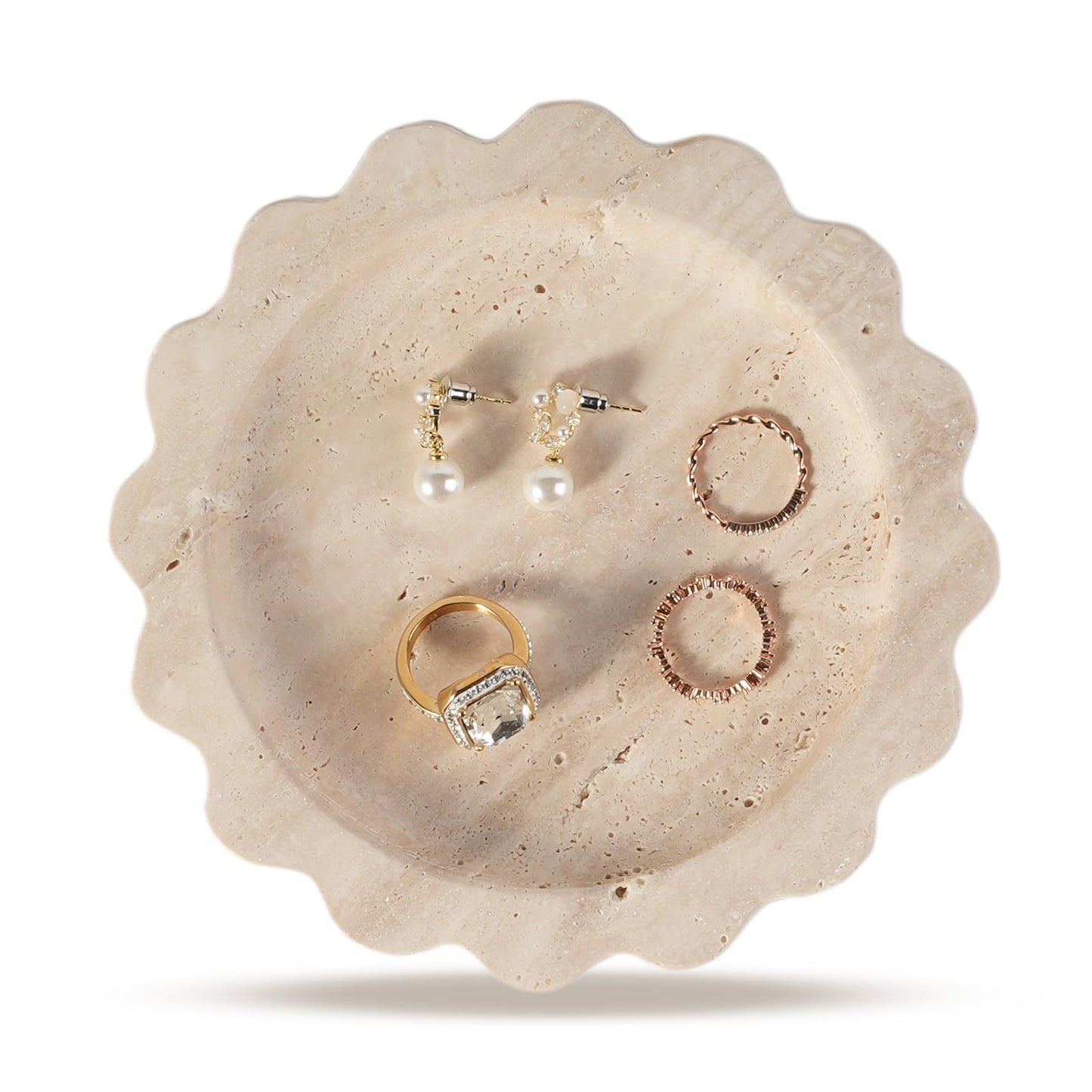 Koville 5.51" Travertine Tray, Natural Stone Trinket Dish for Ring Perfume, Round Scalloped Decorative Tray for Bathroom Vanity Dresser Countertop, Home Table Decor
