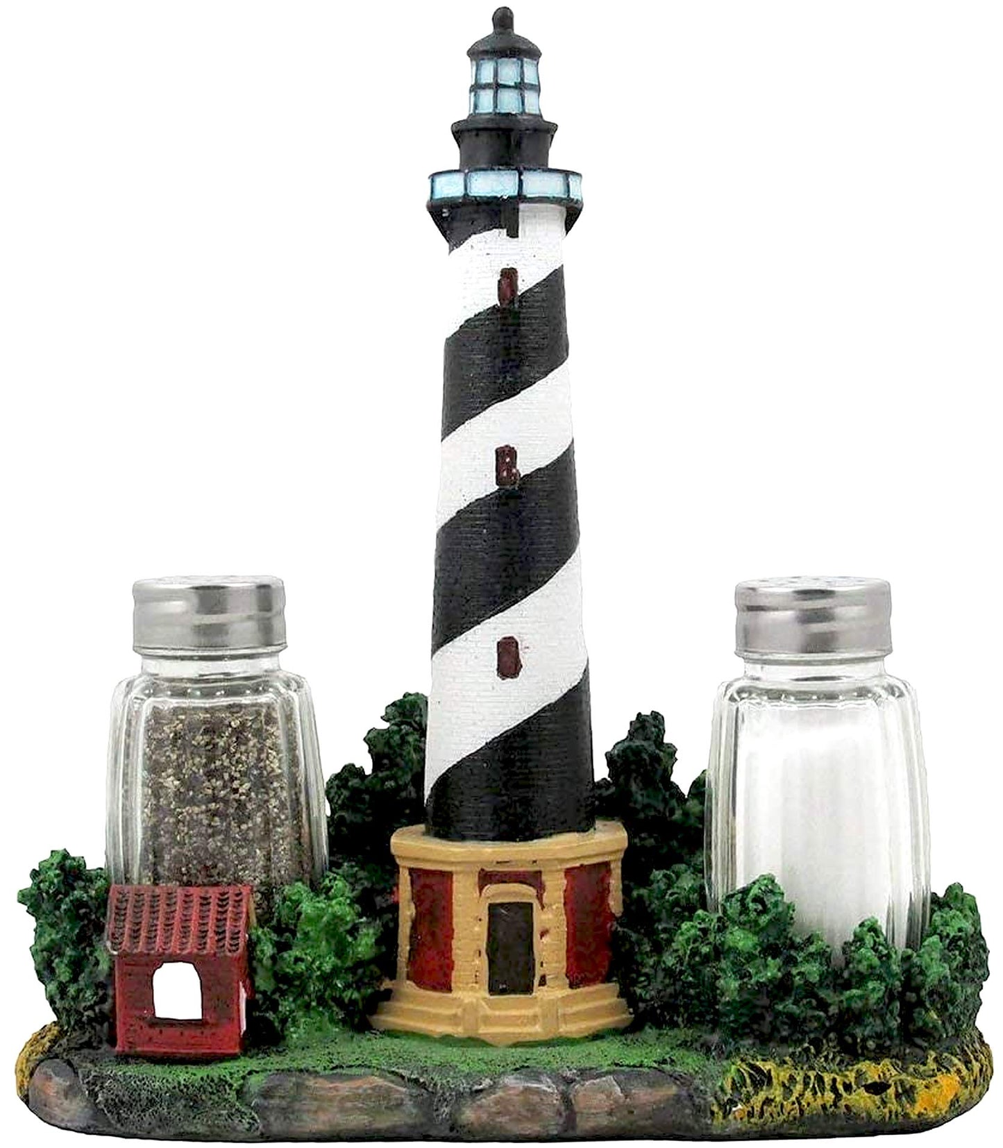 Nautical Cape Hatteras Lighthouse Glass Salt and Pepper Shaker Set Figurine with Holder in Decorative Kitchen Decor Sculptures and Collectible Coastal Gifts