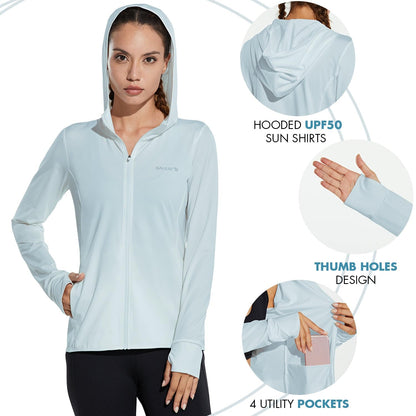 baleaf Women's Long Sleeve Sun Protection Shirts UPF Zip Hoodie Jackets Lightweight Quick Dry Outdoor Light Blue XXL