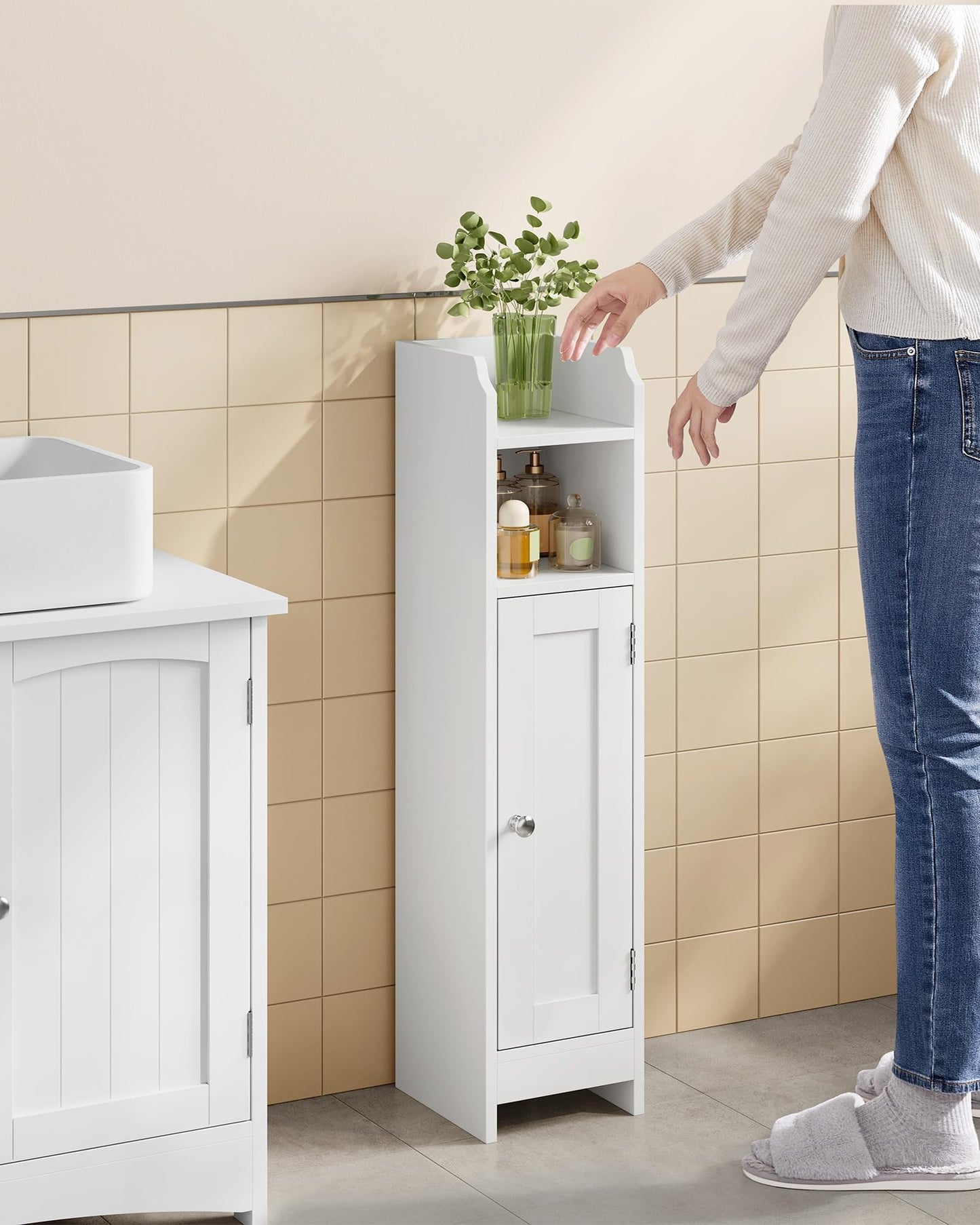 VASAGLE Slim Bathroom Floor Storage Cabinet with Door and Shelves, Freestanding Bathroom Storage Unit, Narrow Bathroom Toilet Paper Storage Cabinet, Adjustable Shelves, White BBC310W01