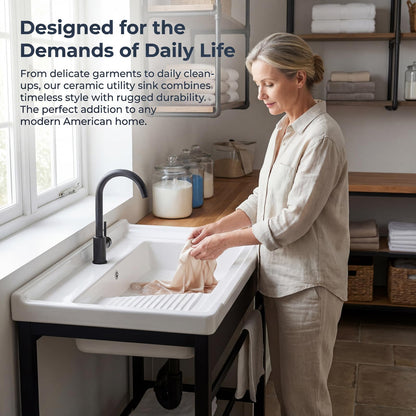 Freestanding Laundry Utility Sink, 28.3" x 19" x 32.3" Ceramic Utility Sink with Washboard Set with Bracket and Drain Kit for Laundry Room, Utility Room, Garage, Basement, Outdoor and Indoor