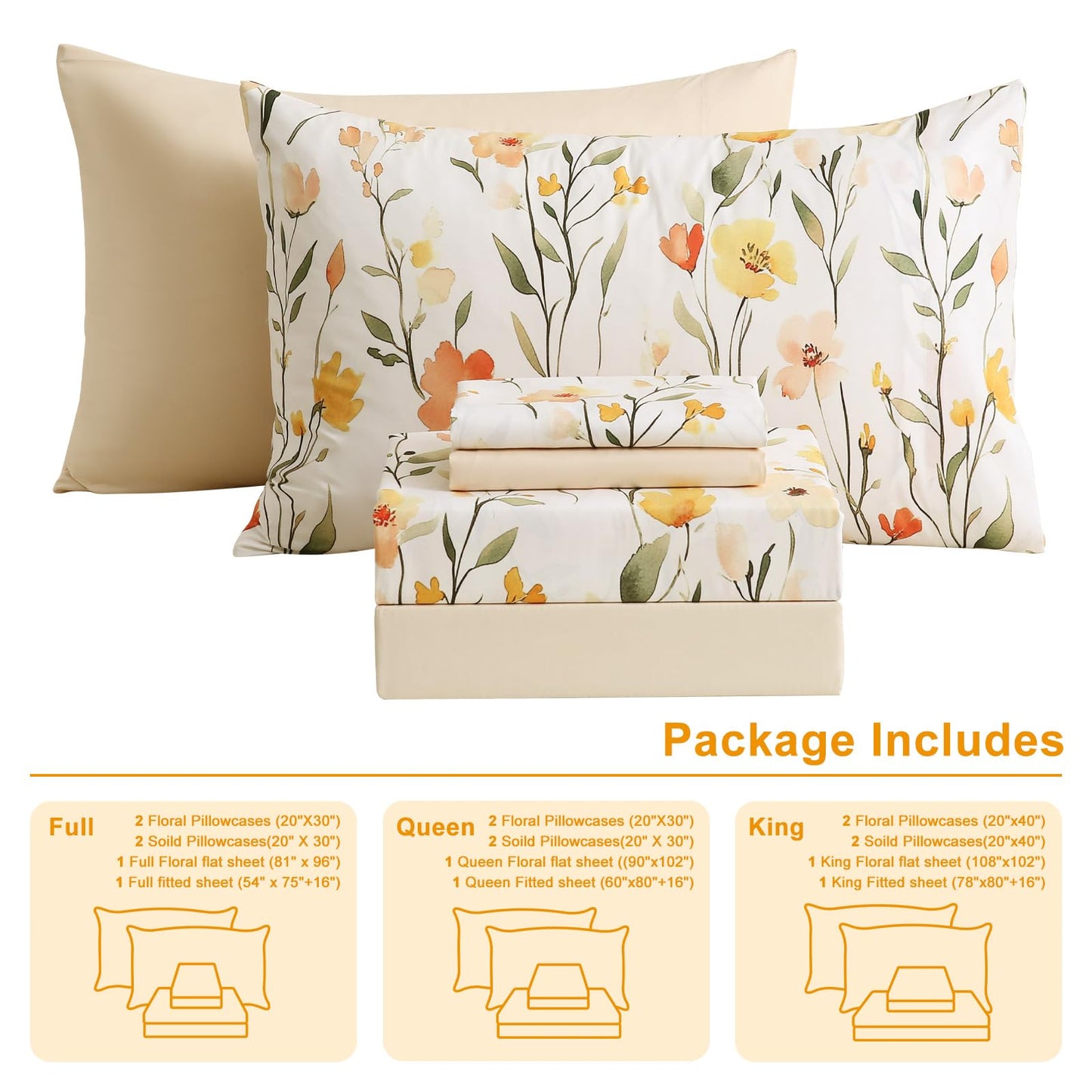 Botanical 6-Piece King Size Sheets Set, Boho Floral Print Brushed Microfiber Sheets, Cooling Bed Sheet Set, Ultra Soft & Breathable, 16' Deep Pocket Fitted Sheet & Pillowcase Set, Beige Floral