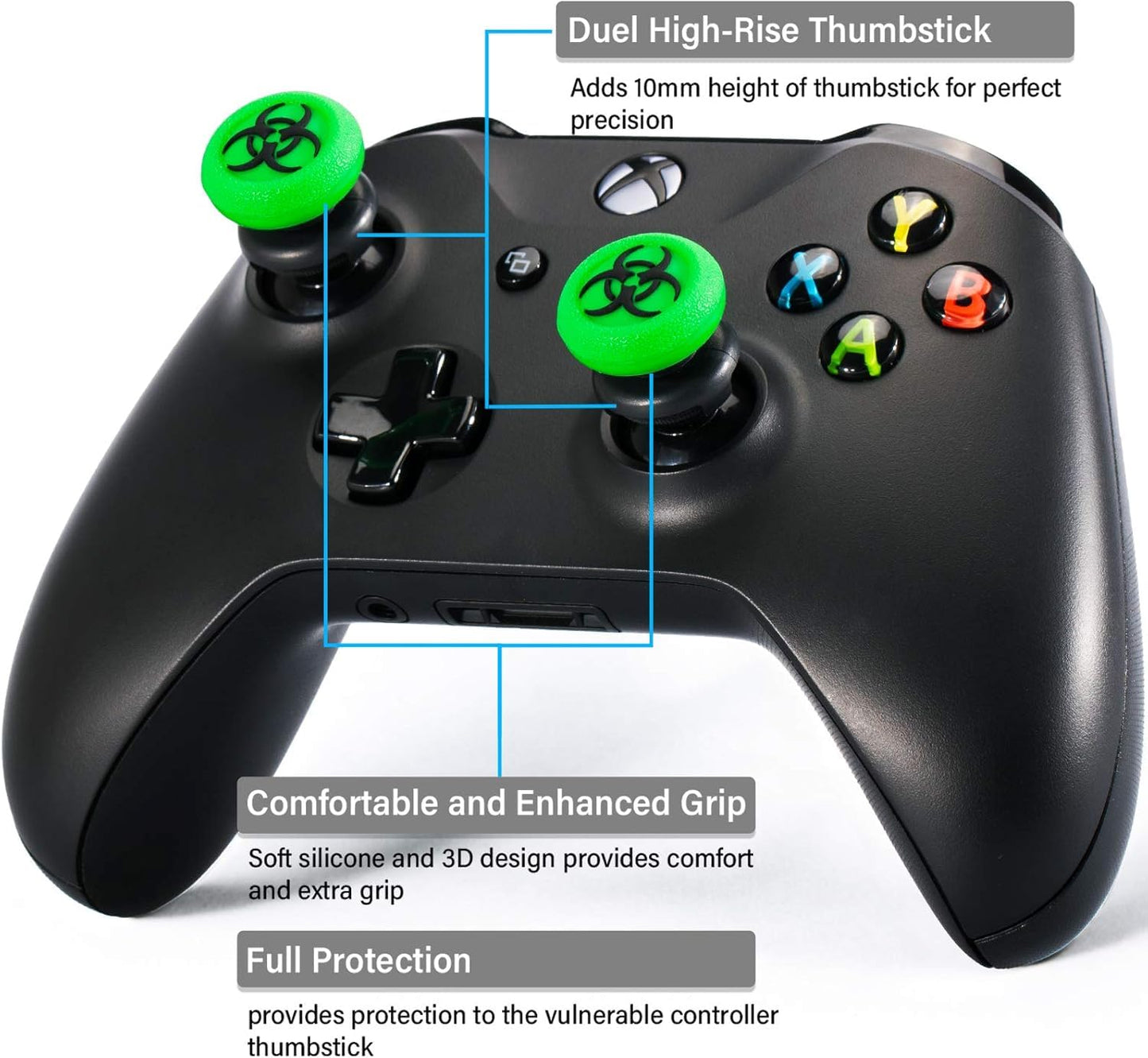 Playrealm FPS Thumbstick Extender & 3D Texture Rubber Silicone Grip Cover 2 Sets for Xbox Series X/S & Xbox One Controller(BioH Green)