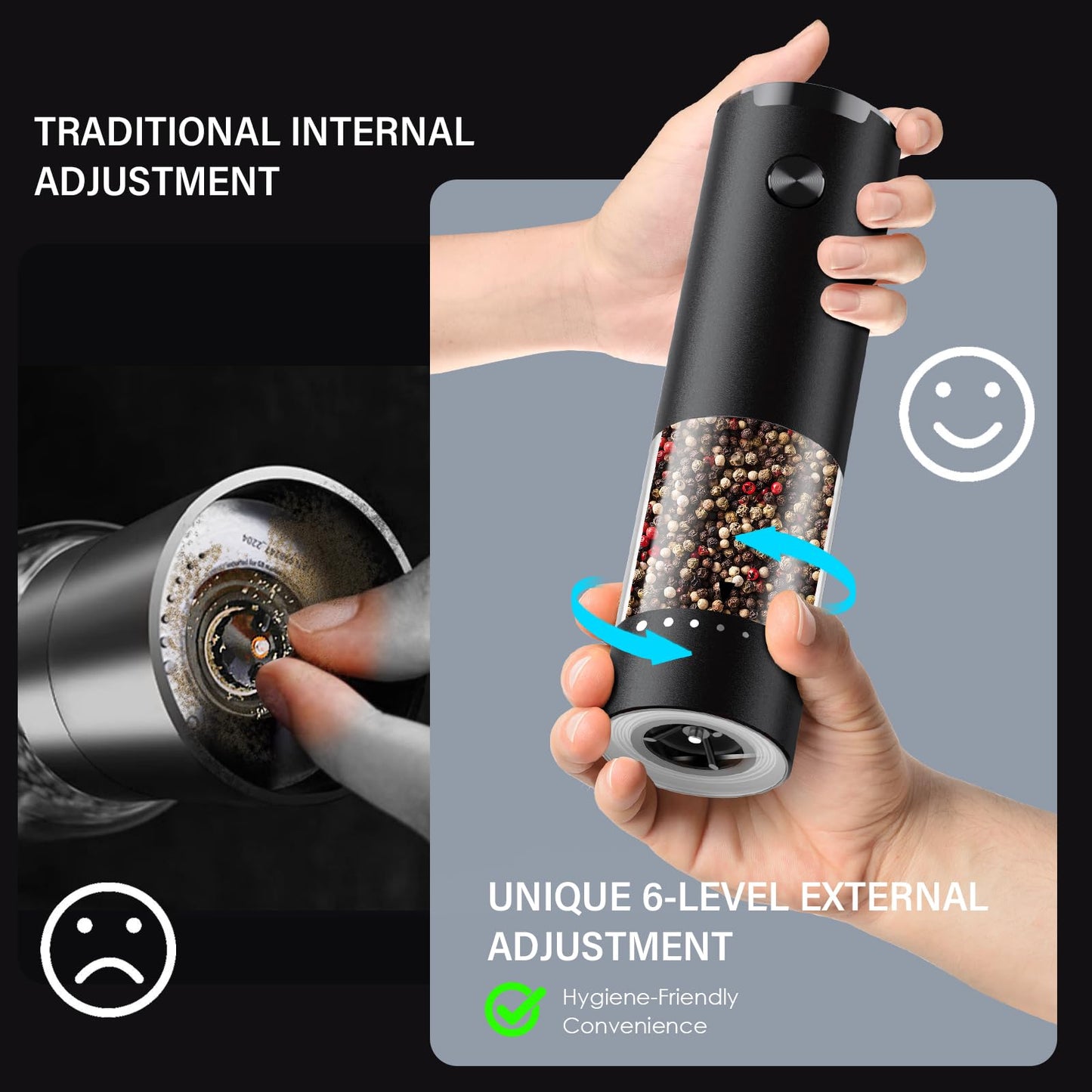 Electric Salt and Pepper Grinder Set, Automatic Salt and Pepper shakers with Upgraded 6-Level External Adjustable Coarseness, Battery Operated, Larger Capacity with Led for Home Kitchen (Black/Black)