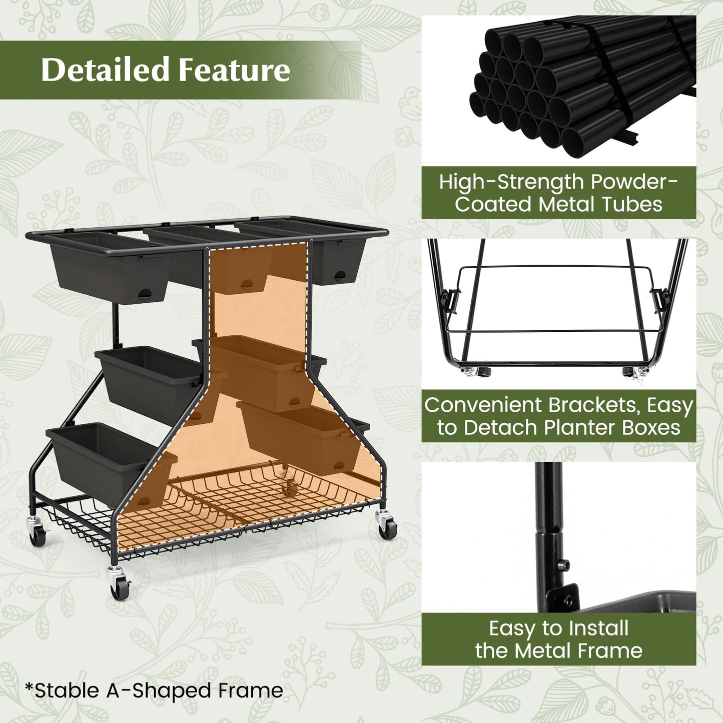 Giantex Rolling Raised Garden Bed w/ 7 Planter Boxes, Storage Baskets, Drainage Holes, 4 Lockable Casters, 3-Tier Freestanding Elevated Planter for Strawberry Vegetable Flower Herb