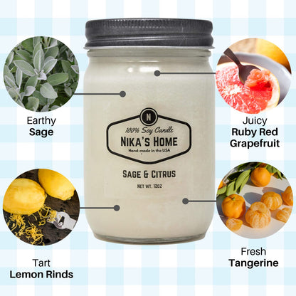 Nika's Home Sage & Citrus Soy Candle - 12oz Mason Jar - Non-Toxic - Hand Poured in The USA, Long Burning 50-60 Hours Highly Scented All Natural, Clean Burning