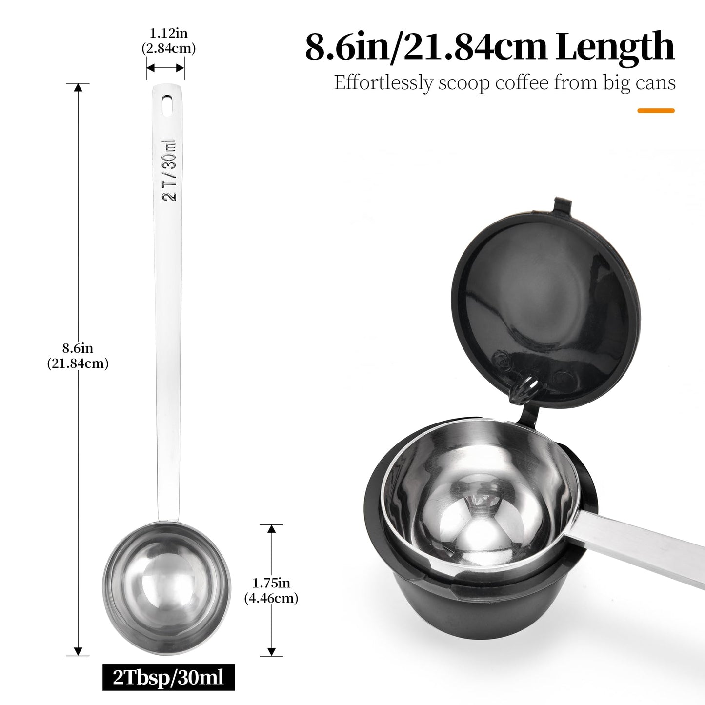 Lilybeam Long Handle Coffee Scoop: 8.6 Inch 18/8 Stainless Steel 2 Tablespoon Metal Measuring Spoon Tbsp Scoop for Coffee Beans, Grounds, Coffee Powder, Tea, Tall Jars (2Tbsp/30ml)