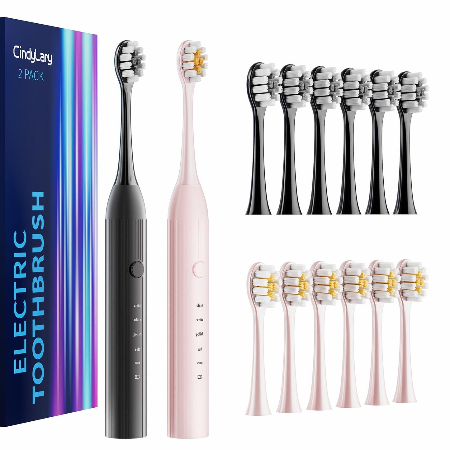 2 Pack Electric Toothbrush for Adults and Kids - Rechargeable Kids Ages 12+ and Adults with 12 Brush Heads & 2 Electric Toothbrush, 90 Days Battery Life - Black and White