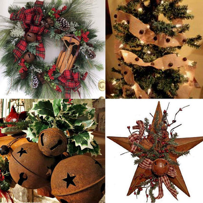 Winlyn 80 Pcs Rusty Metal Christmas Sleigh Bells Jingle Bells Rustic Craft Bell 1-1/2" and Dimensional Mini Rusted Metal Barn Stars with Jute Twine Plaid Ribbon for Christmas Tree Holiday Season Decor