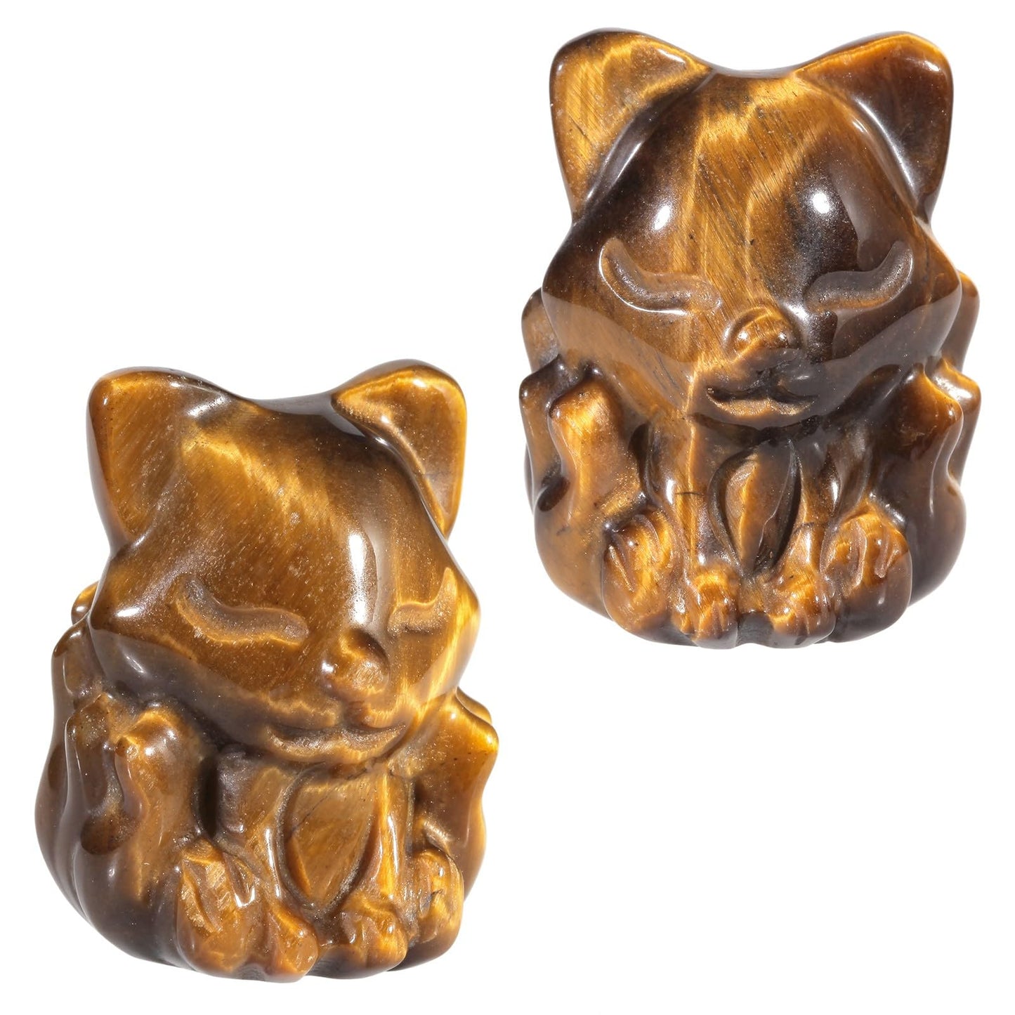 TUMBEELLUWA Pack of 2 Nine Tailed Fox Crystal Figurine Carved Mini Pocket Stone Small Animal Statue Sculpture for Desk Table Decor, Tiger's Eye Stone