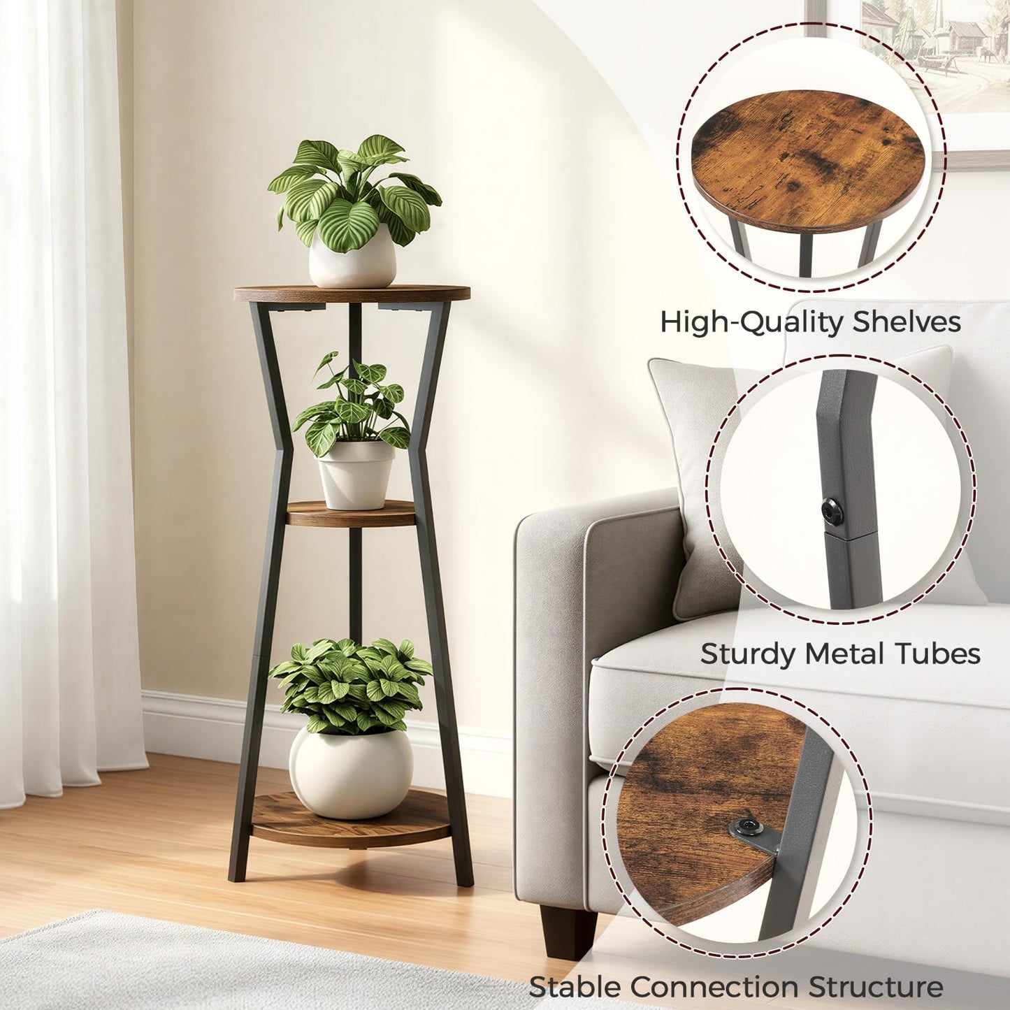 MAHANCRIS Plant Stand Indoor, 3 Tier Round Corner Plant Stand Indoor, Round Plant Holder Rack, 35" Tall Plant Shelf for Living Room, Balcony, Patio, Rustic Brown and Black PSHR0401
