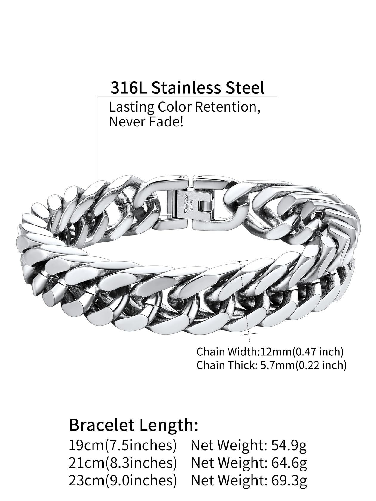 Stainless Steel Curb Chain Bracelet for Men 12mm 21cm Curb Bracelet Man Bangle Xmas Gift