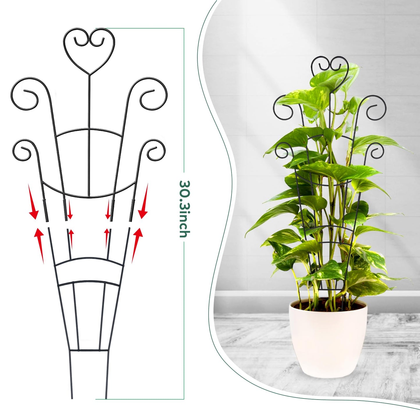 30 Inch Plant Trellis for Climbing Plants Indoor, Outdoor Metal Garden Trellis for Potted Plants, Houseplant Plant Support for Ivy Pothos Monstera Hoya Flower Vine Black Heart (Black-4pcs)