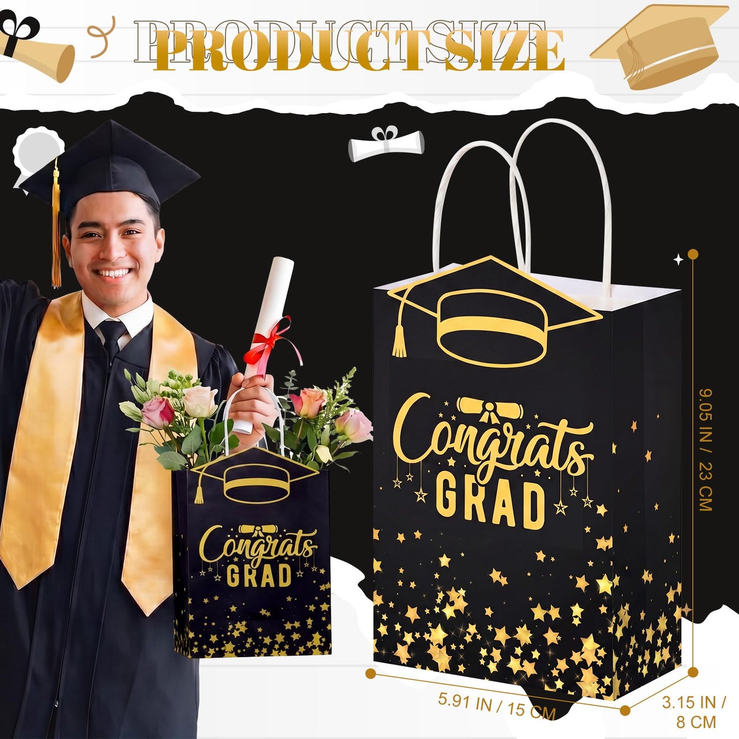 Geyoga 24 Pcs Graduation Gift Bags Bulk with Handles Class of 2026 Congrats Grad Party Favor Paper Bags Black and Gold Treat Goodie Bag for College High School University Gift Wrapping Supplies