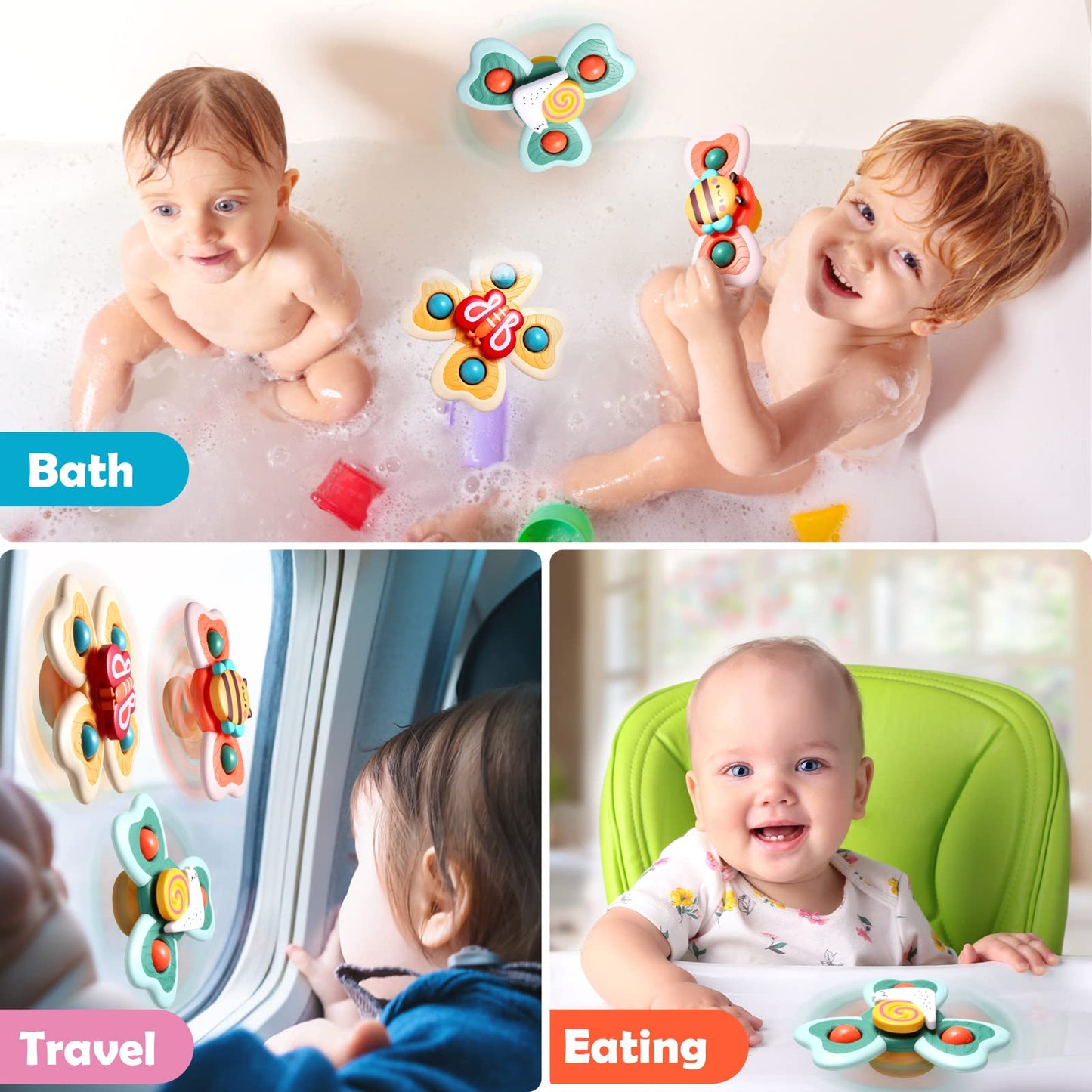 Hooku Suction Spinner Toys, 3 Pcs High Chair Toys with Suction Cups, Spinning Toys 1-3, Birthday Gifts for Infants Boy Girl, (A6)
