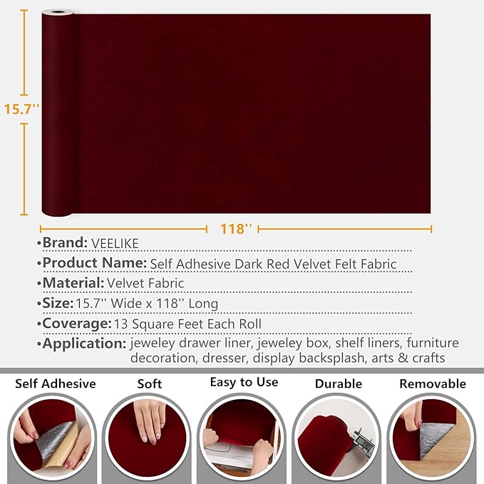 VEELIKE Dark Red Velvet Fabric Wallpaper Self Adhesive Soft Felt Drawer Liners