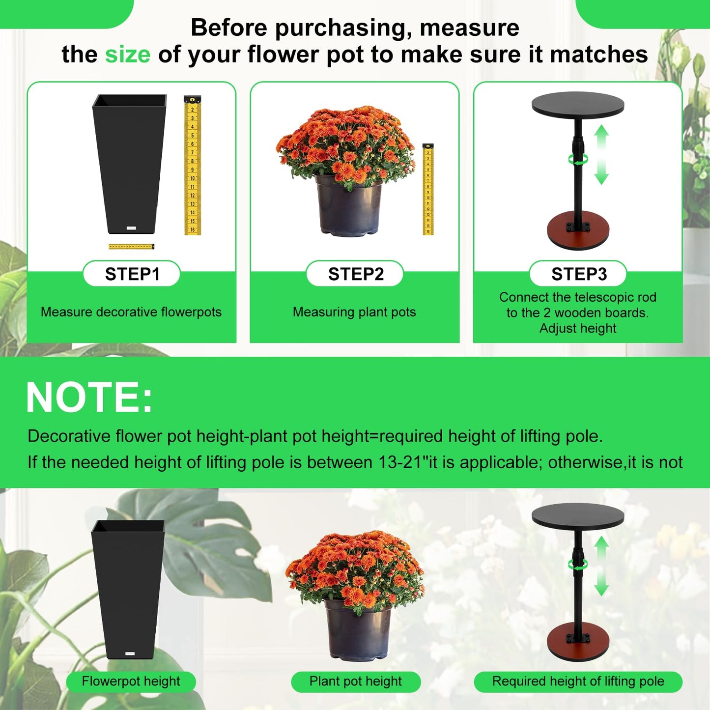 Adjustable Plant Risers for Inside Pots for Large Pots (13-21 in) Plant Risers Wooden Plant Risers for Pots Outdoor Tall Taper Flower Pot (6" 8" 10" Base or Top) for High Pots of Various Shapes(2 Pcs)