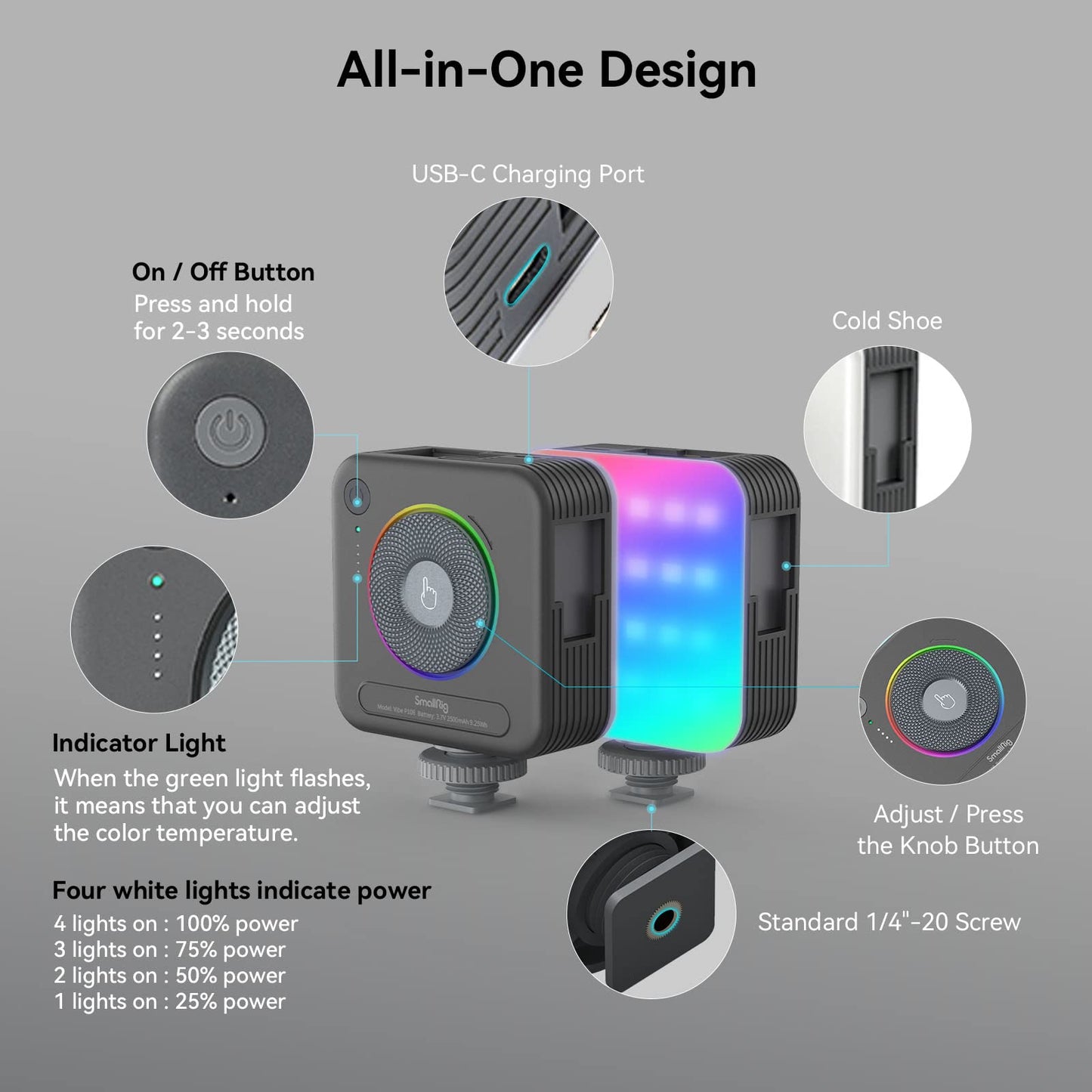 SmallRig P108 RGB Video Light,Portable LED Camera Lights 360° Full Color Photography Lighting w 3 Cold Shoe, 2500mAh Rechargeable On-Camera Video Light Panel 2700K - 6500K for YouTube, Vlogging