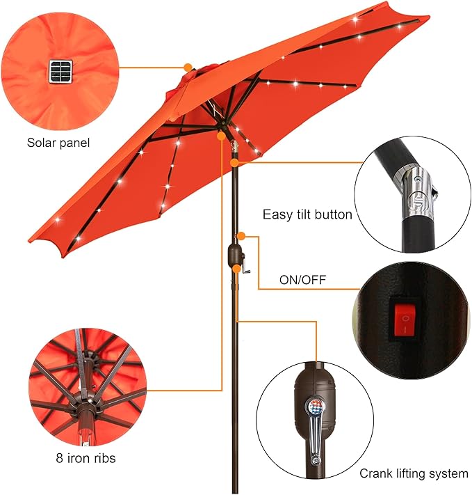 Blissun 9 ft Solar Umbrella, 32 LED Lighted Patio Umbrella, Table Market Umbrella, Outdoor Umbrella for Garden, Deck, Backyard, Pool and Beach (Orange)