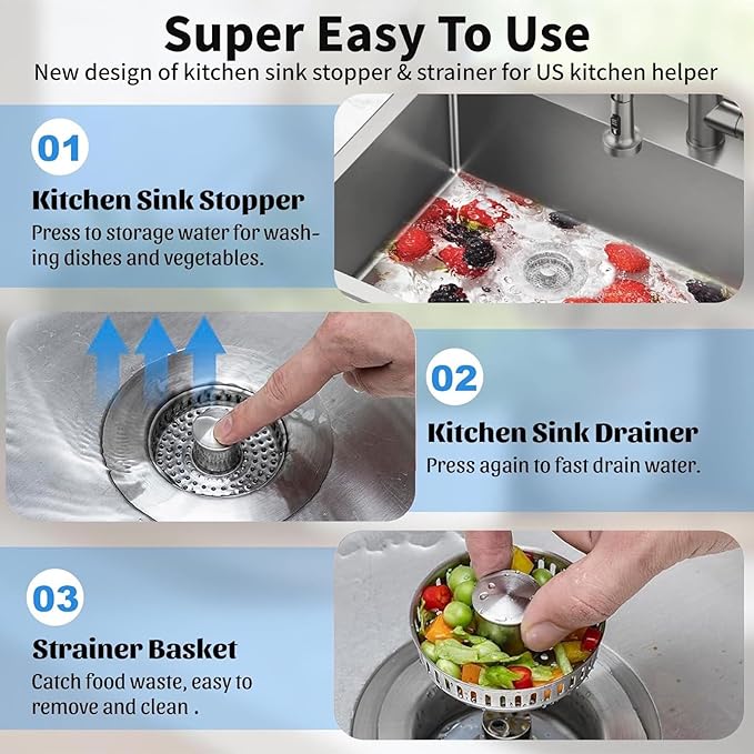 3-in-1 Kitchen Sink Drain Strainer : Pop Up Sink Stopper, 304 Stainless Steel