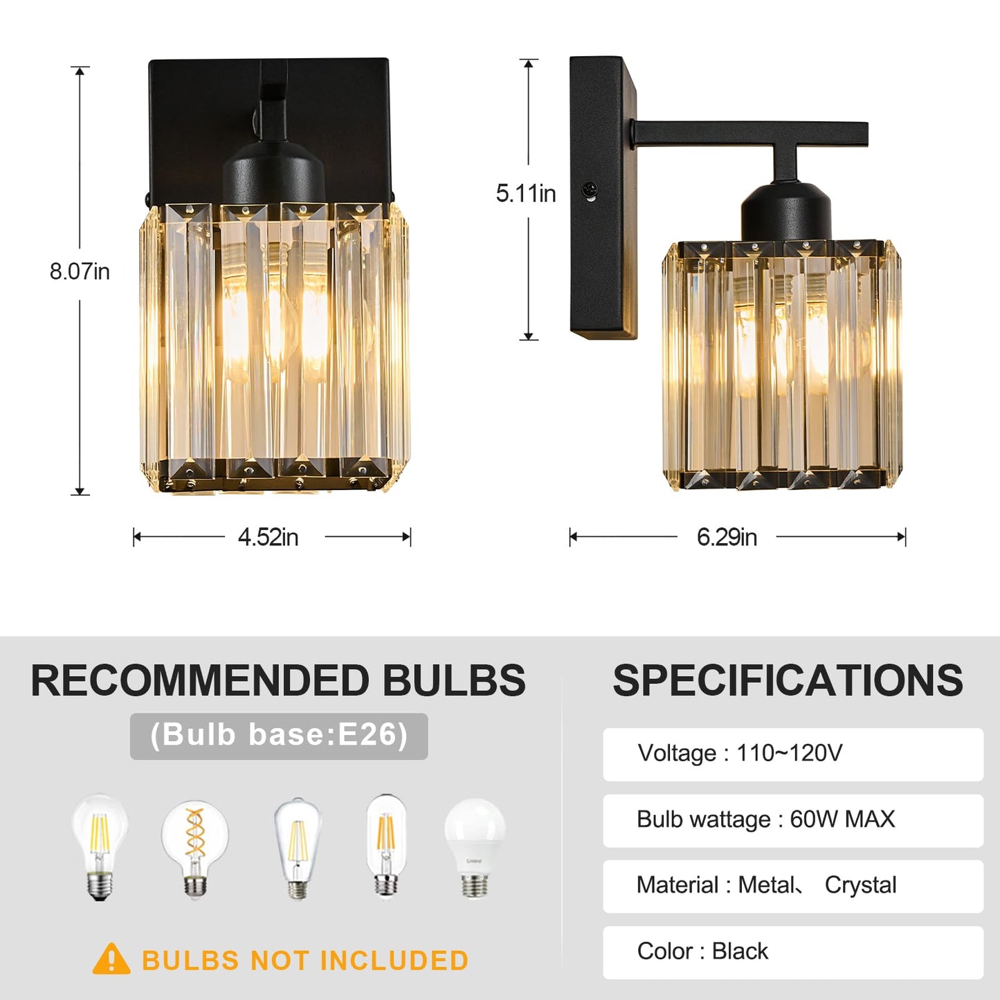 FDPBY Modern Wall Sconces Set of Two Indoor Wall Lamp Black Wall Sconce Crystal Wall Light Bathroom Vanity Light Fixtures Wall Mounted Room Sconce Wall Lighting