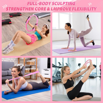 Halloscume 24 Pcs Pilates Kit, Home Pilate Equipment for Women, Pilates Ring and Ball Set with Stretching Strap, Water Bottle, Magic Circle, Yoga Ring, Gym Bag, Resistance Band, Anti Slip Sock(Pink)