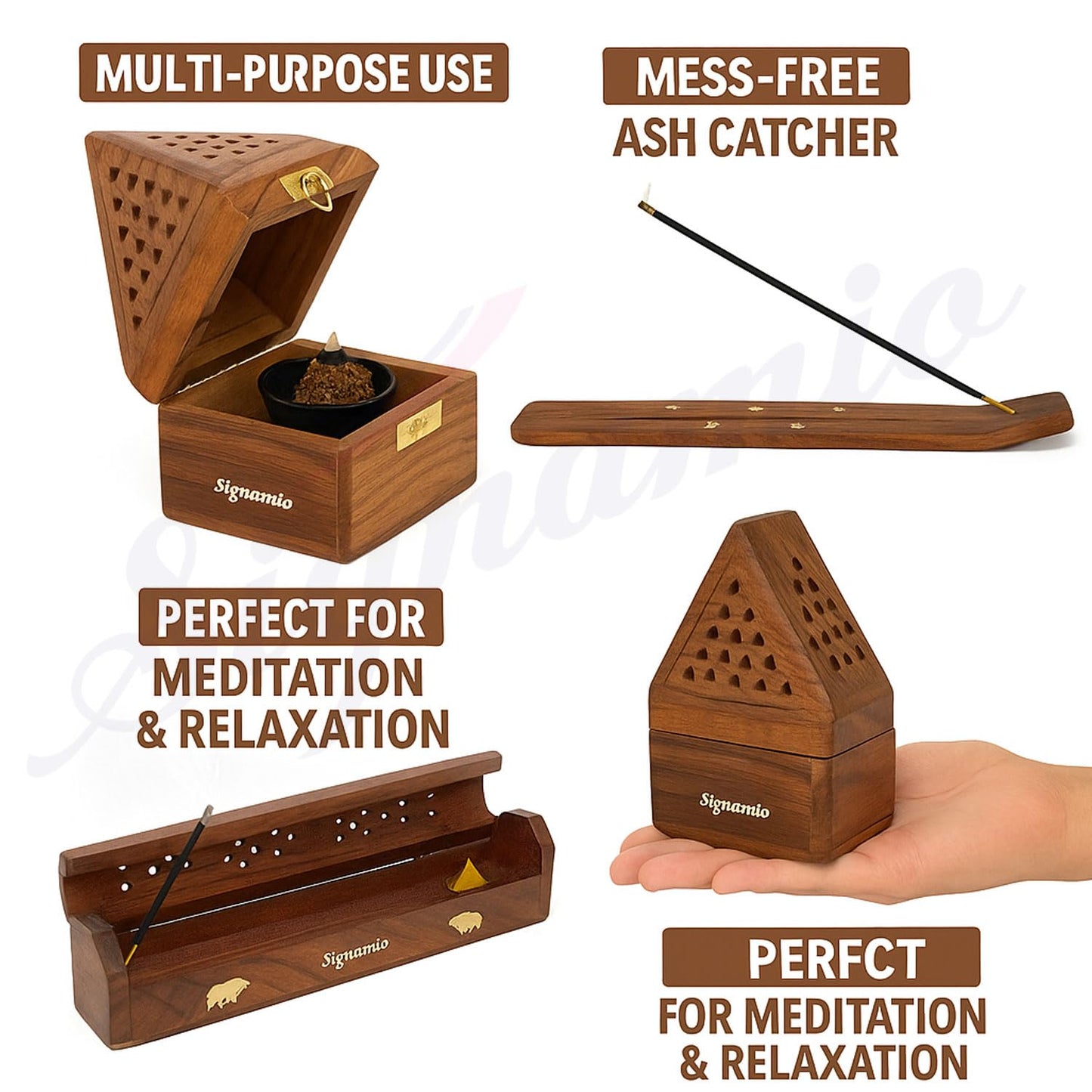 SIGNAMIO® 3 Pcs Premium Wooden Sambrani Dhoop & Incense Stick Agarbatti Holder Set: Agarbatti Stand with Ash Catcher, Pooja Room Decoration Essential, Pooja Thali Accessories, and Mandir Decor Items