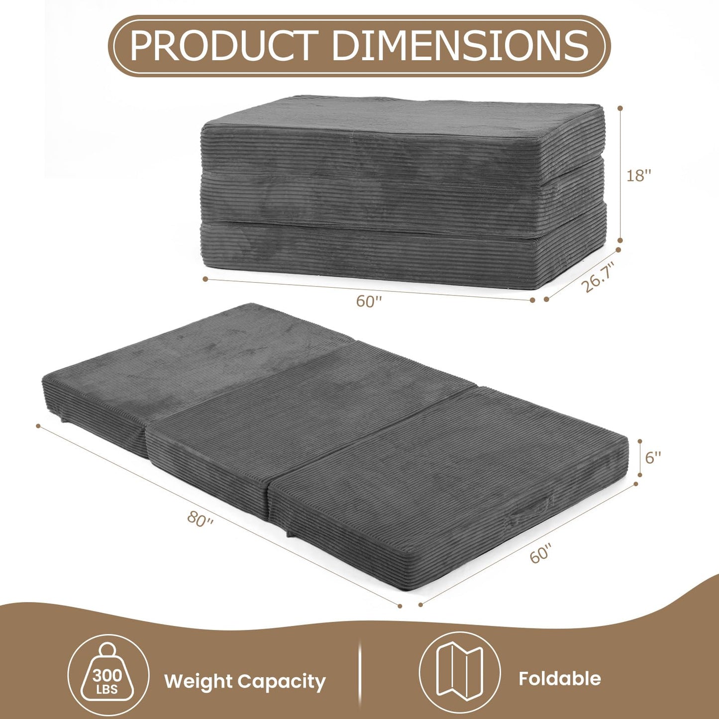 feliz home 6-Inch Tri-Folding Mattress Queen Size - Foldable Futon Sofa Bed with Removable Washable Cover, Folding Futon Mattress | Non-Slip Bottom & Carry Handles for Guest, Camping, Dorm