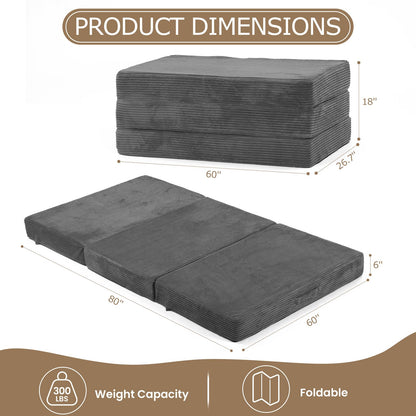 feliz home 6-Inch Tri-Folding Mattress Queen Size - Foldable Futon Sofa Bed with Removable Washable Cover, Folding Futon Mattress | Non-Slip Bottom & Carry Handles for Guest, Camping, Dorm