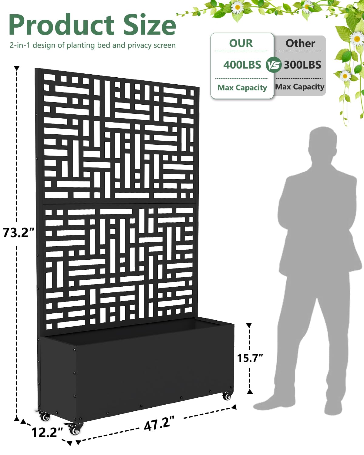 FOLAWO Metal Planter Box with Trellis,70.9"x47.2"x15.7" Raised Garden Bed with Drainage Holes, Privacy Planters for Outdoor Garden Bed for Climbing Plants,Vegetables,and Vines,Black-Modular