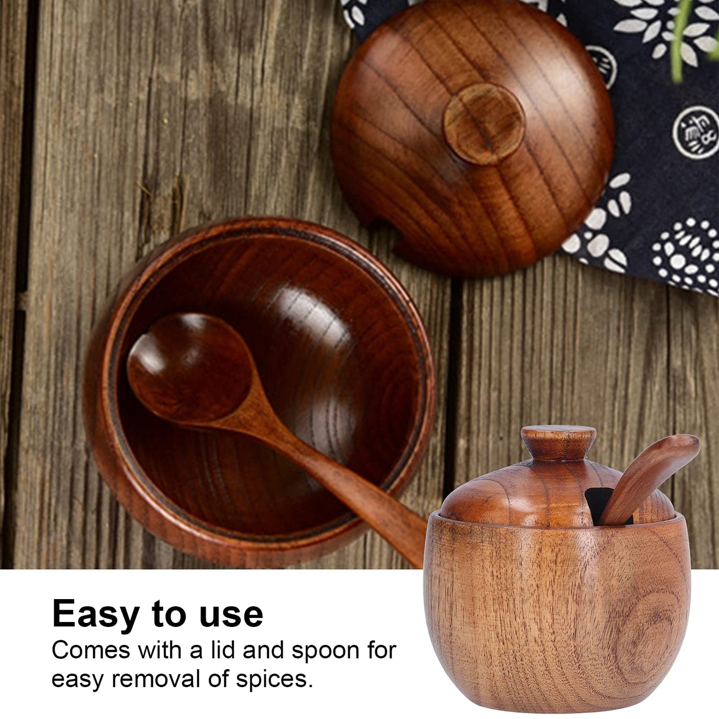 Tomotato Wood Spice Jar, Rustic Wooden Sugar Bowl with Lid and Spoon, Salt Cellar Pepper Condiment Pot Seasoning Jar Container Box for Home Kitchen Restaurant