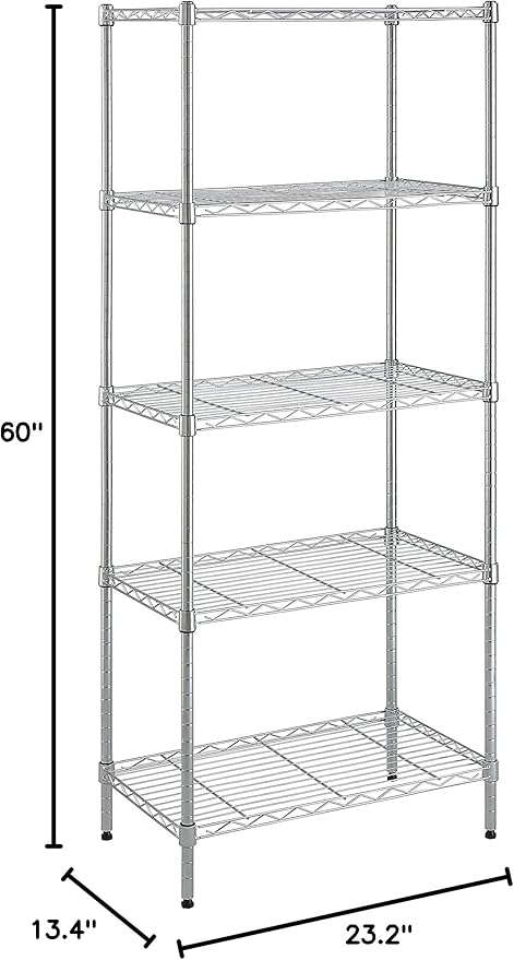 Amazon Basics 5-Shelf Adjustable Storage Shelving Unit for Garage, Steel Wire Rack, 200 Pound Loading Capacity per Shelf, 23.2" x 13.4" x 60", Chrome Finish