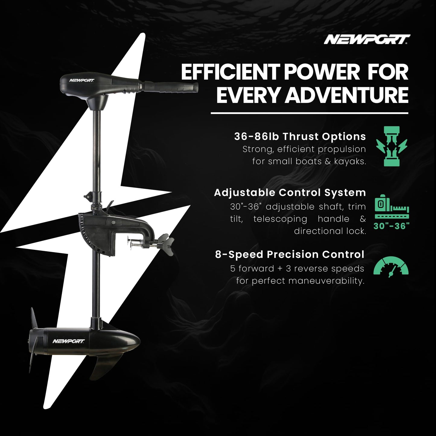 Newport NV-Series 36lb Thrust Trolling Motor 12V – Saltwater Transom Mount Electric Motor for Kayak, Canoe & Small Boat – LED Battery Indicator, 30" Shaft, Quiet Operation