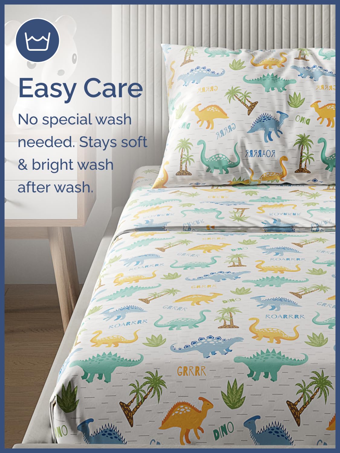 Kids Full Size Bed Sheet Set - 4 Piece Kids Loft Bed Sheets - Colorful Dinosaur Dino Print Bedding - Soft, Cute - Breathable & Machine Washable - Dino Pattern Bed Set for Boys, Girls, Teens & Toddlers