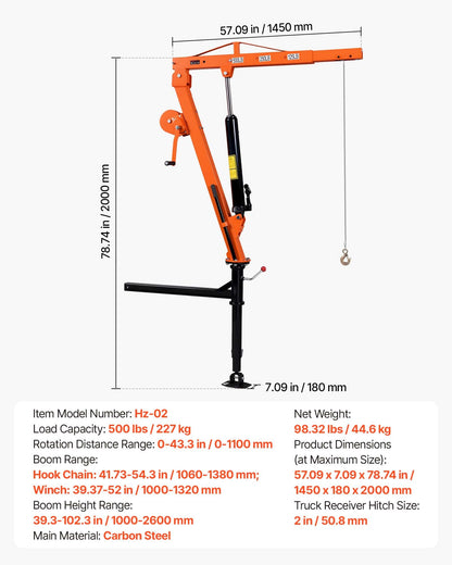 VEVOR Truck Crane, 500 lbs Pickup Hitch Crane Trailer Hitch Mounted with Manual Winch & Hydraulic Jack, 360° Rotating Telescopic Boom, Foldable Truck Bed Jib Hoist for Machine Lumber Equipment Lifting
