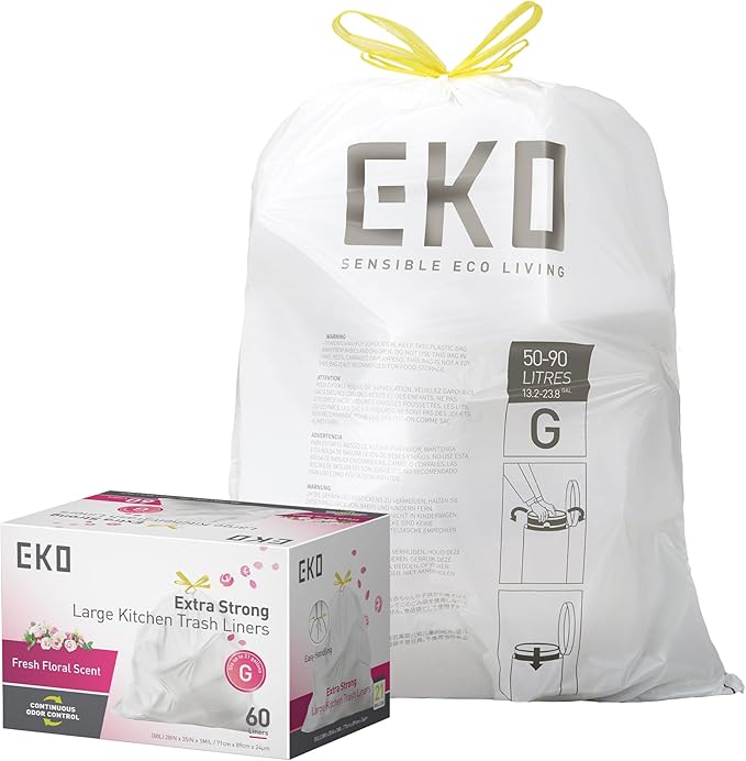 EKO 21 Gallon / 50-90 Liter, Extra-Strong Garbage Bags, Fresh Floral Scent