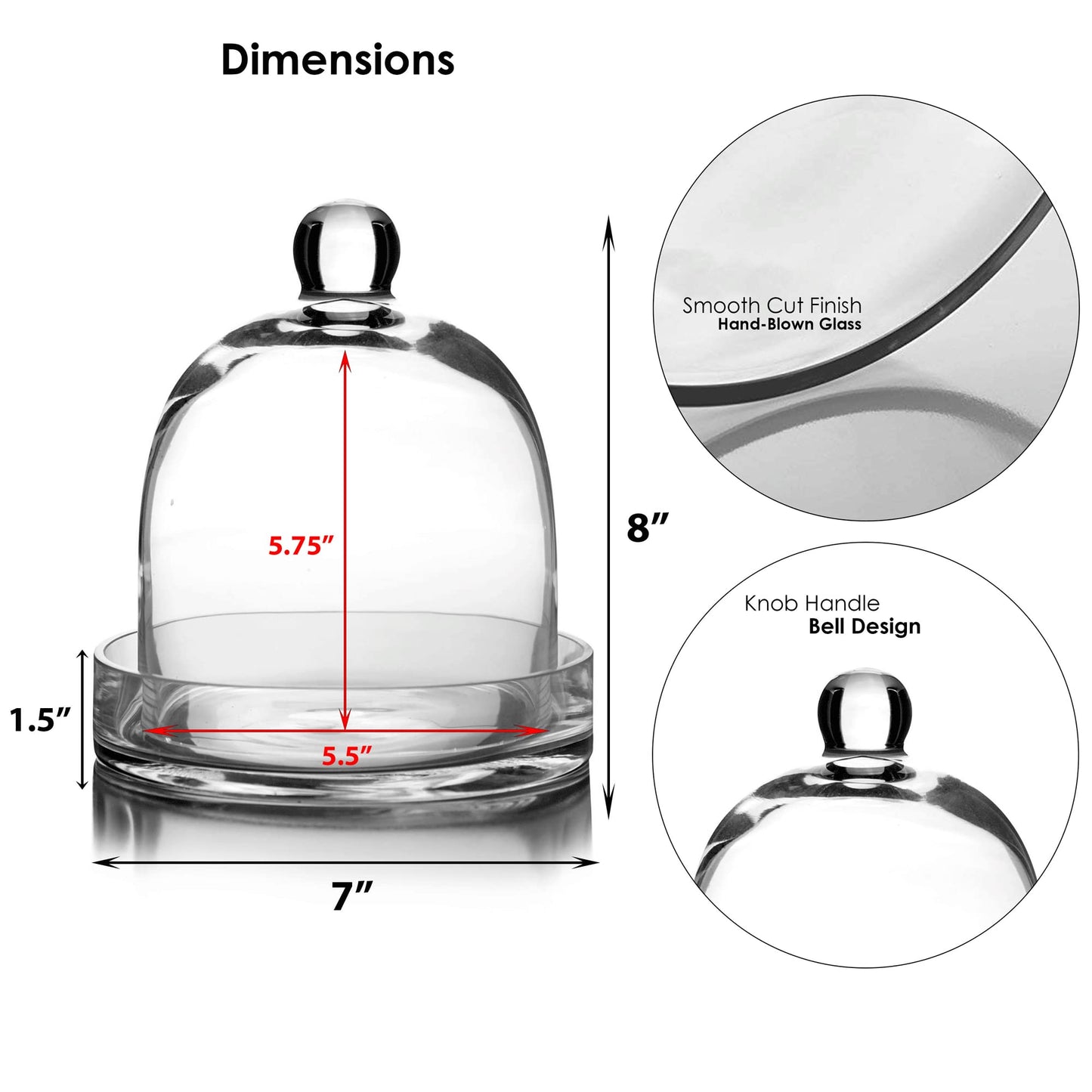 CYS EXCEL Glass Bell Dome Cloche with Glass Base (H:8" W:7") | Multiple Size Choices Terrarium Jar Plant Cover | Cake Dessert Display