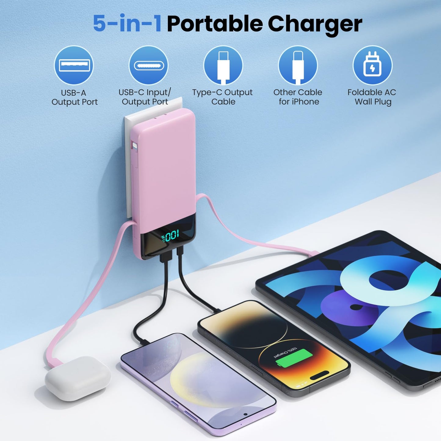Portable Charger 50800mAh Power Bank with 3 Built in Cables,25W PD QC4.0 Fast Charging USB C Battery Pack,6 Outputs 2 Inputs Travel Essentials Portable Phone Charger for iPhone 17/16/15,Google,Android
