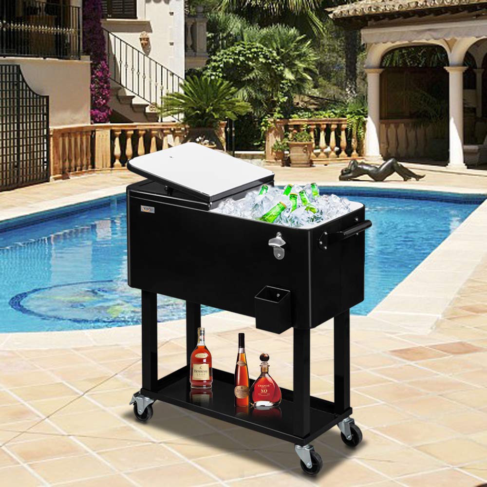 VINGLI 80 Quart Rolling Ice Chest, Portable Patio Party Bar Drink Cooler Cart, with Shelf, Beverage Pool with Bottle Opener (Black)