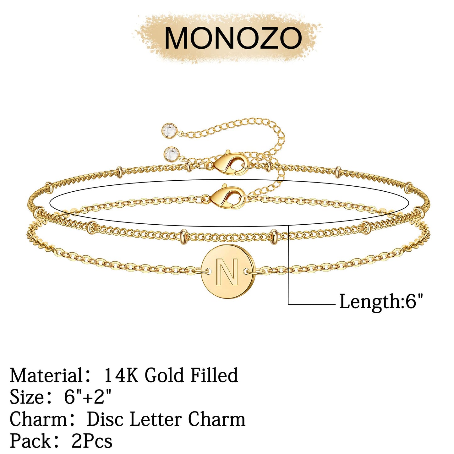 MONOZO Gold Initial Bracelets for Women, Dainty 14K-gold-plated Layered Beaded N Letter Initial Bracelet Personalized Alphabet Disc Monogram Charm Bracelet Jewelry Gifts