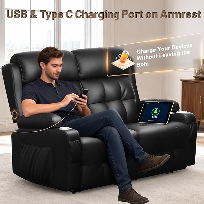 Power Loveseat Recliner with 2-Point Graphene Heat & Massage, Under-Seat