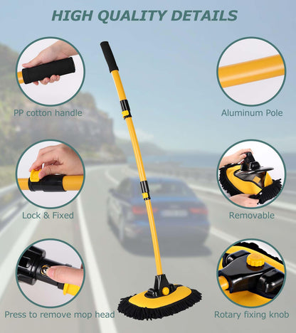 innhom 15° Curve Car Wash Brush,Telescopic Car Cleaning Brush, Microfibre Car Wash Brush Mop, Upgraded Aluminum Alloy Car Wash Brush Long Handle for Cars RV SUV Truck (Yellow( Mop and 2 Head))