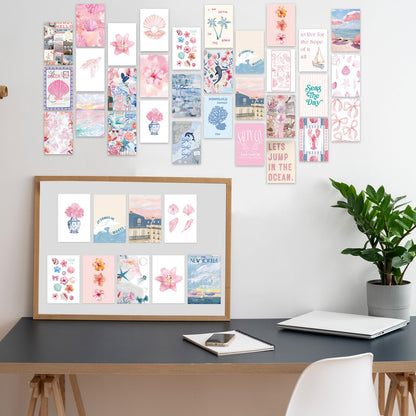 FYSUIMU 50Pcs Coastal Wall Collage Kit Pink Blue Coastal Beach Seashell Art Print Preppy Room Decor Aesthetic Pictures for Bedroom Wall Dorm Home Decor, 4 x 6 Inch