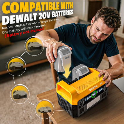 Ecarke 550W Portable Power Inverter Compatible with DeWalt 20V Battery, DC 18V to AC 110V Pure Sine Wave Power Station 2 AC Outlets,2 USB-A&1 USB-C 20W, 600LM LED Outdoor Emergency Use(Tool Only)