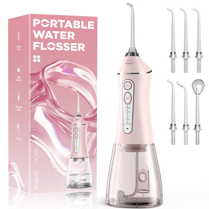 Water Flosser for Teeth Cleaning and Flossing, 5 Modes Rechargeable Cordless Oral Irrigator 320ml Water Tank Teeth Cleaner, IPX7 Waterproof Portable Electric Dentel Flossers for Home and Travel,Pink