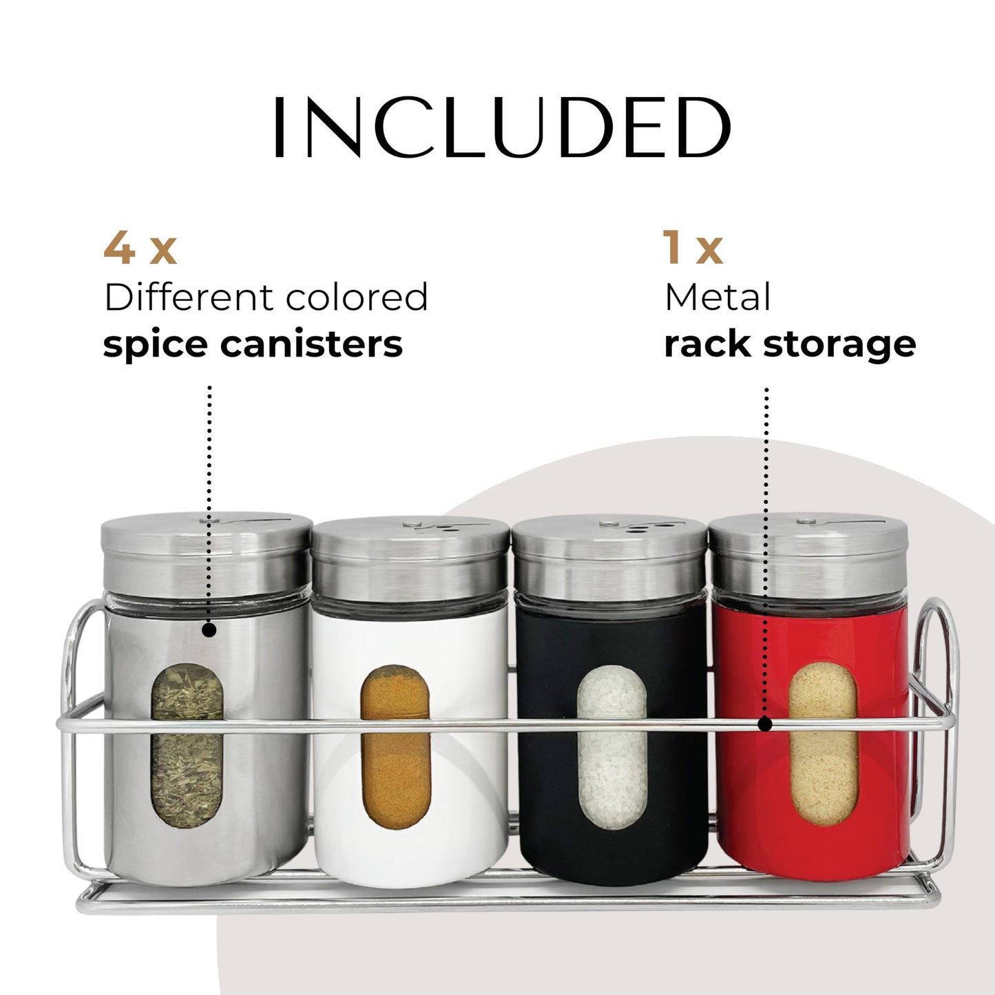 JS Gourmet 4 Pcs Stainless Steel Spice Seasoning Container Jars with Storage Rack, Perfect for Storing Spices, Salt, Pepper, Sugar and Dry Ingredients